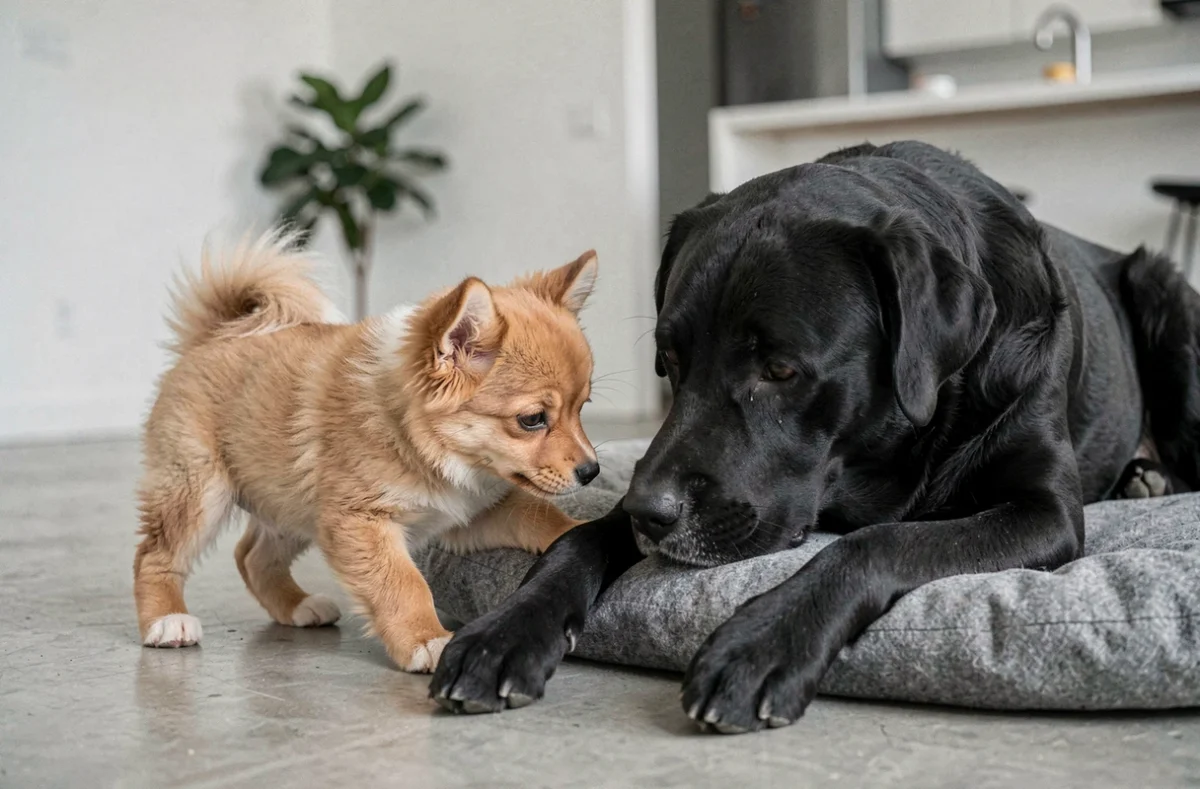 Chiot spitz s'approchant d'un labrador noir allongé dans un appartement, illustrant la socialisation d'un spitz avec un grand chien dans un cadre domestique