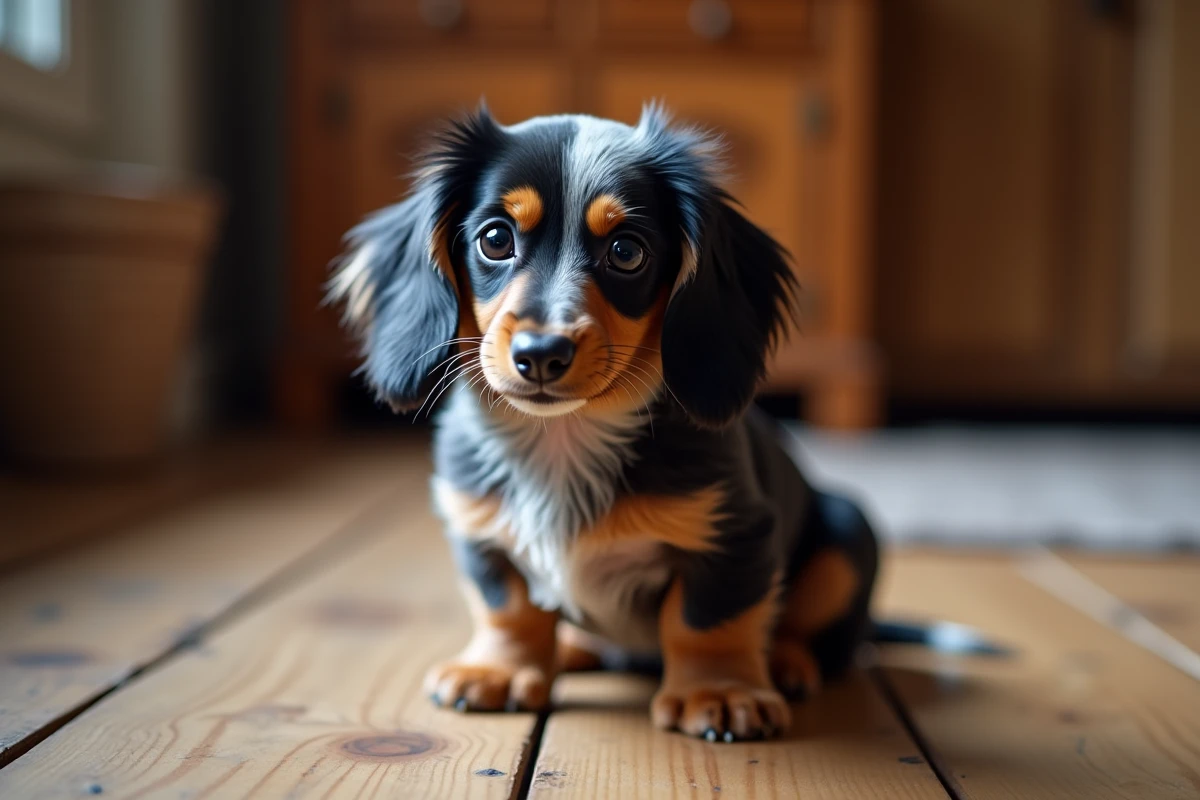 Chiot teckel arlequin à poils longs assis sur un parquet en bois rustique avec un pelage à motifs noirs et blancs distinctifs