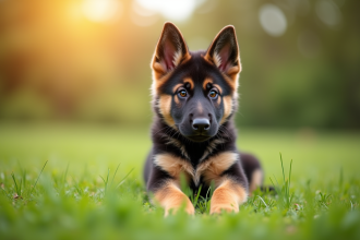 Chiot berger allemand assis dans l'herbe verte en plein air