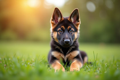 Chiot berger allemand assis dans l'herbe verte en plein air