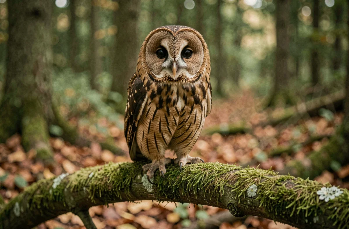 Chouette hulotte perchée sur une branche couverte de mousse en forêt, sans aigrettes, illustrant la différence entre chouette et hibou