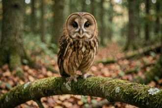 Chouette hulotte perchée sur une branche couverte de mousse en forêt, sans aigrettes, illustrant la différence entre chouette et hibou