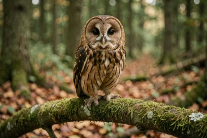 Chouette hulotte perchée sur une branche couverte de mousse en forêt, sans aigrettes, illustrant la différence entre chouette et hibou