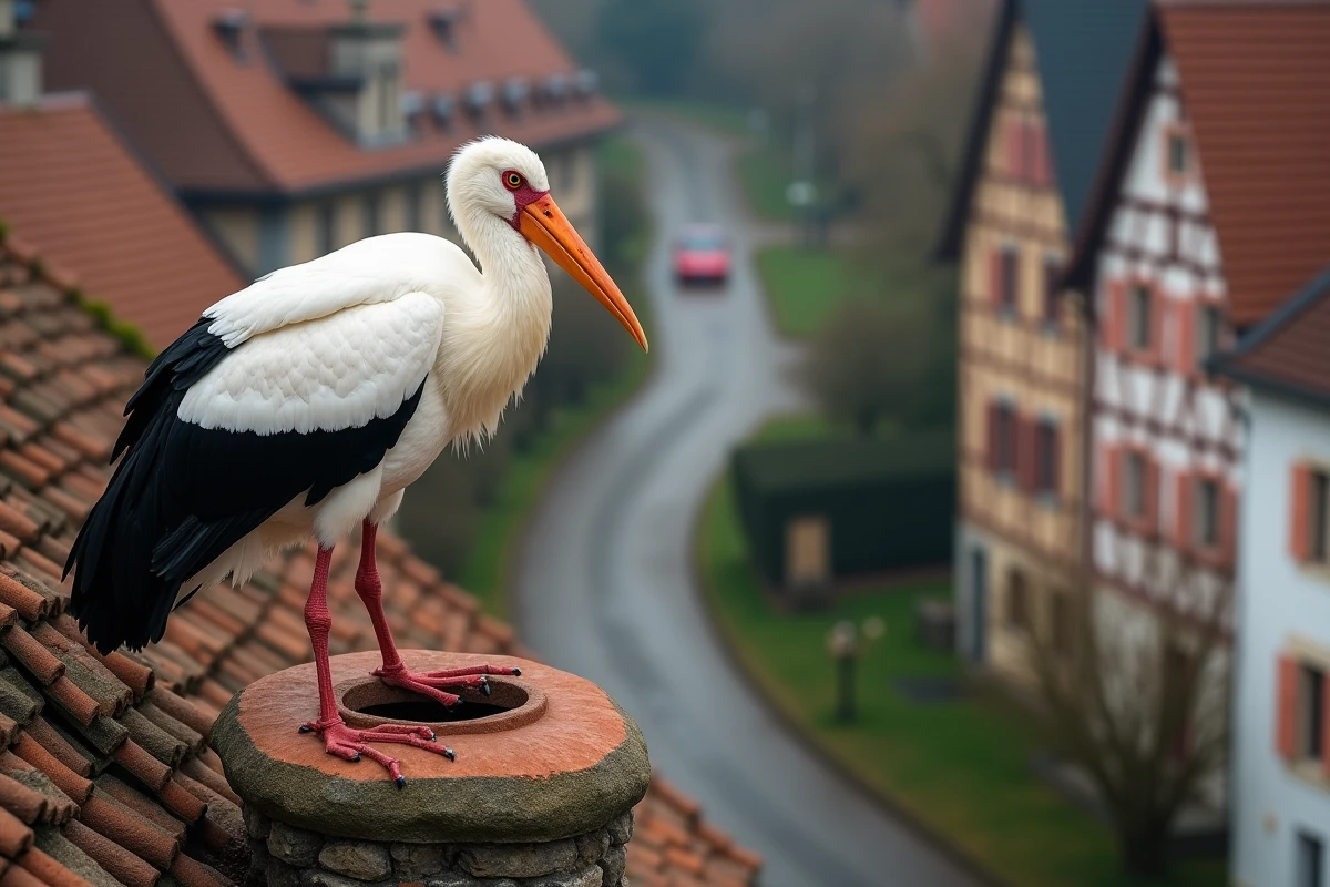 Cigogne blanche perchée sur une cheminée d'une maison alsacienne traditionnelle au printemps