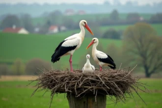 Famille de cigognes blanches nichant sur un poteau en bois dans la campagne française au printemps