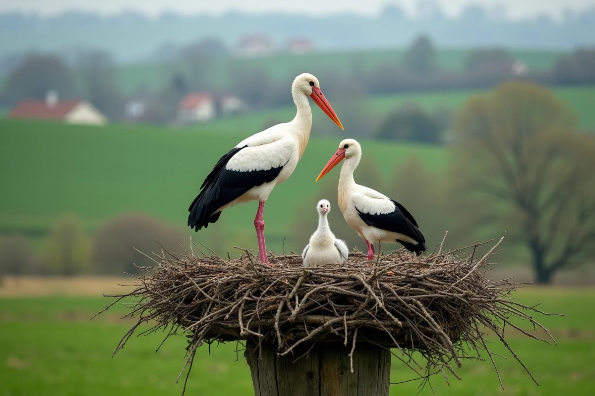 Famille de cigognes blanches nichant sur un poteau en bois dans la campagne française au printemps