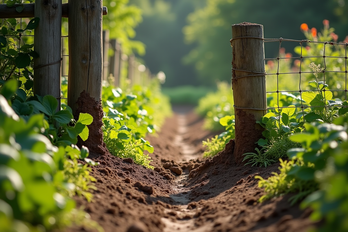 Cloture rurale cassée avec empreintes de sanglier et légumes dans le jardin