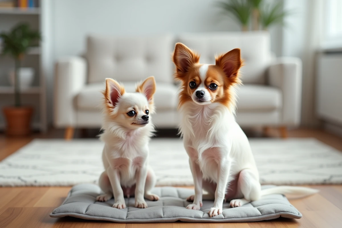 Chien adulte et chiot Papillon Chihuahua côte à côte sur un tapis gris dans un appartement moderne, illustrant le choix entre adulte et chiot