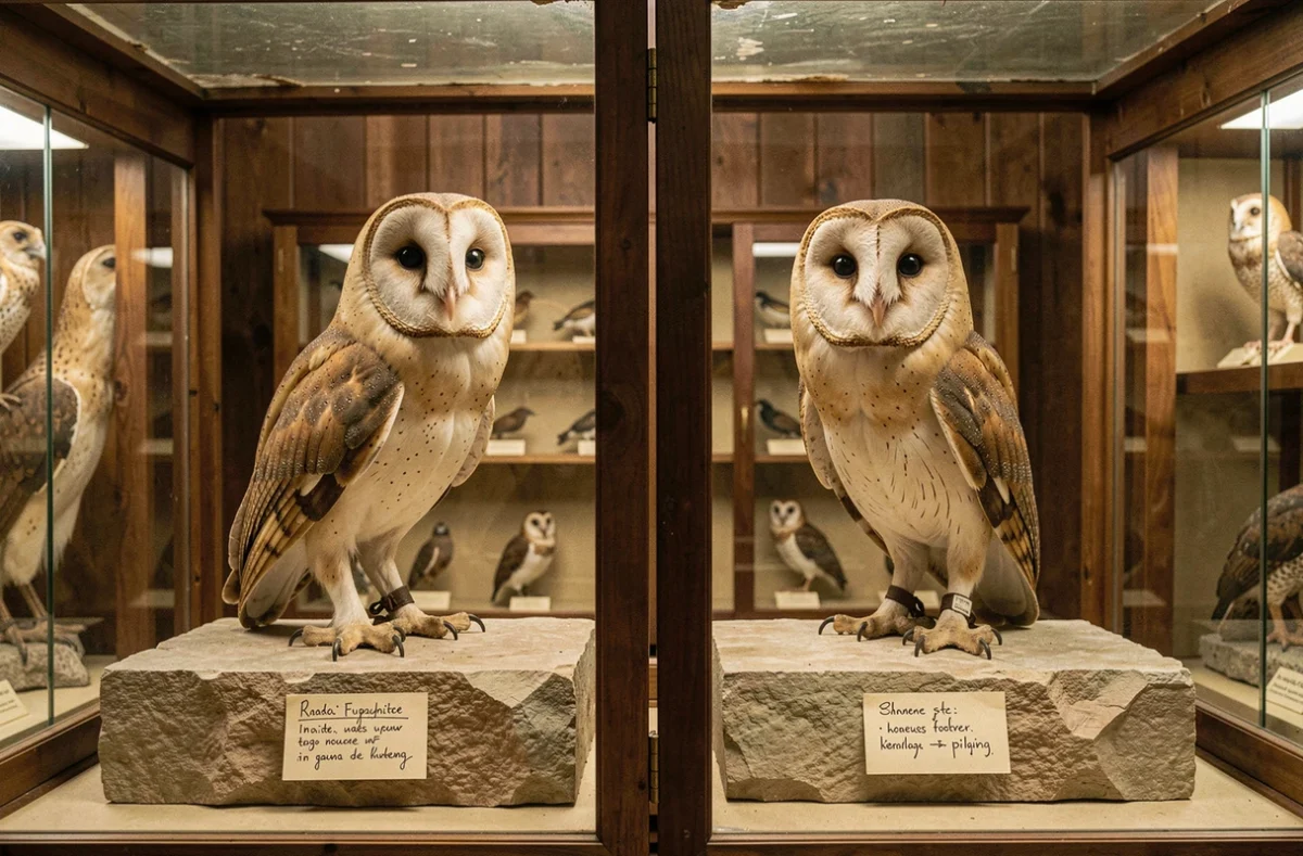 Chouette effraie et hibou moyen-duc côte à côte dans une vitrine de musée naturaliste pour comparaison éducative