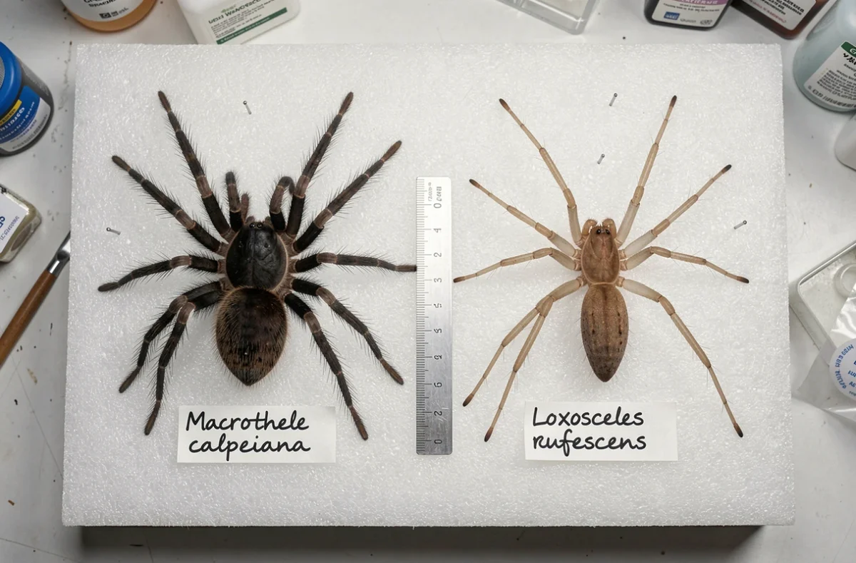 Comparaison côte à côte de spécimens épinglés de mygale de Provence et de recluse brune sur planche entomologique en laboratoire naturaliste, avec règle de mesure