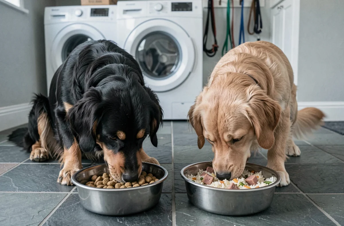 Deux chiens Eurasier mangeant côte à côte, comparant croquettes et ration ménagère dans des gamelles séparées en inox
