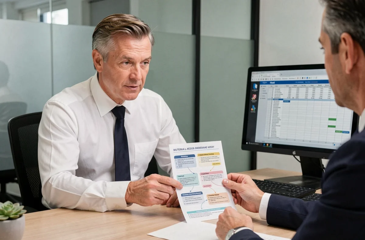 Conseiller en assurance présentant les garanties d'une mutuelle santé à un client