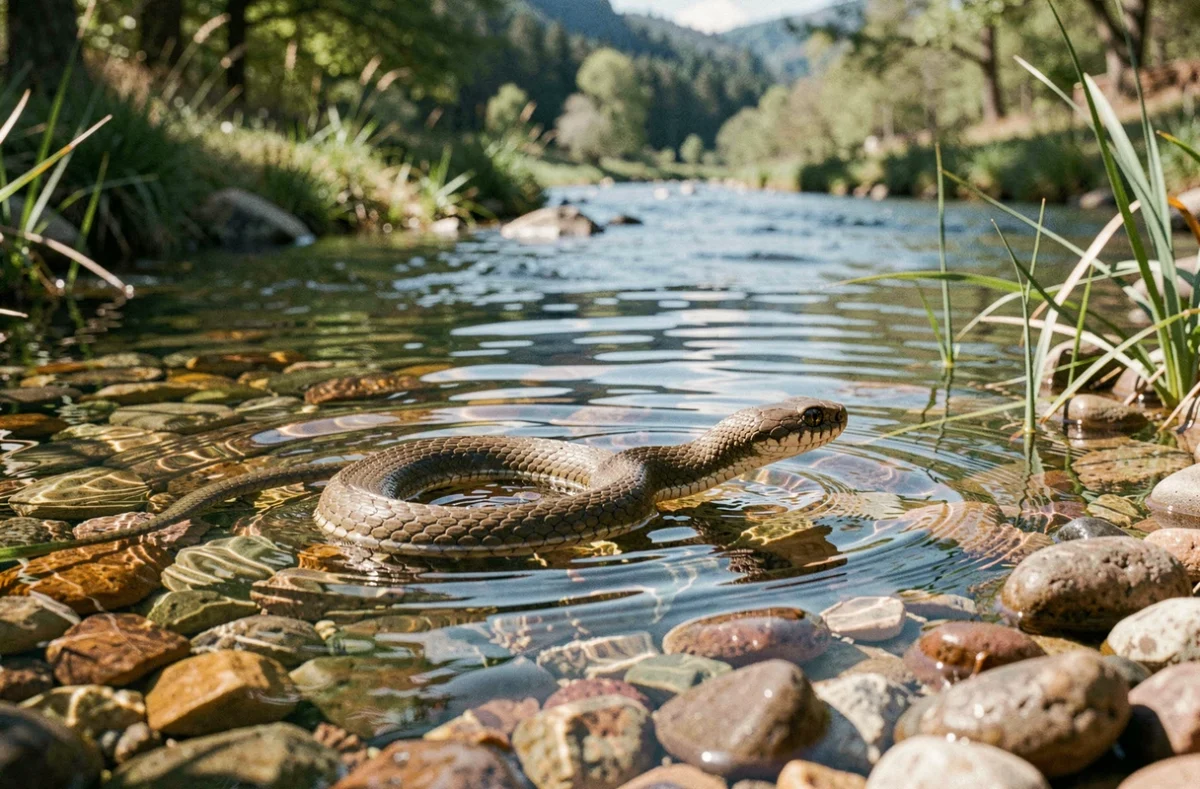 Couleuvre à collier nageant dans un ruisseau français peu profond au printemps, corps sinueux entre les galets et herbes aquatiques