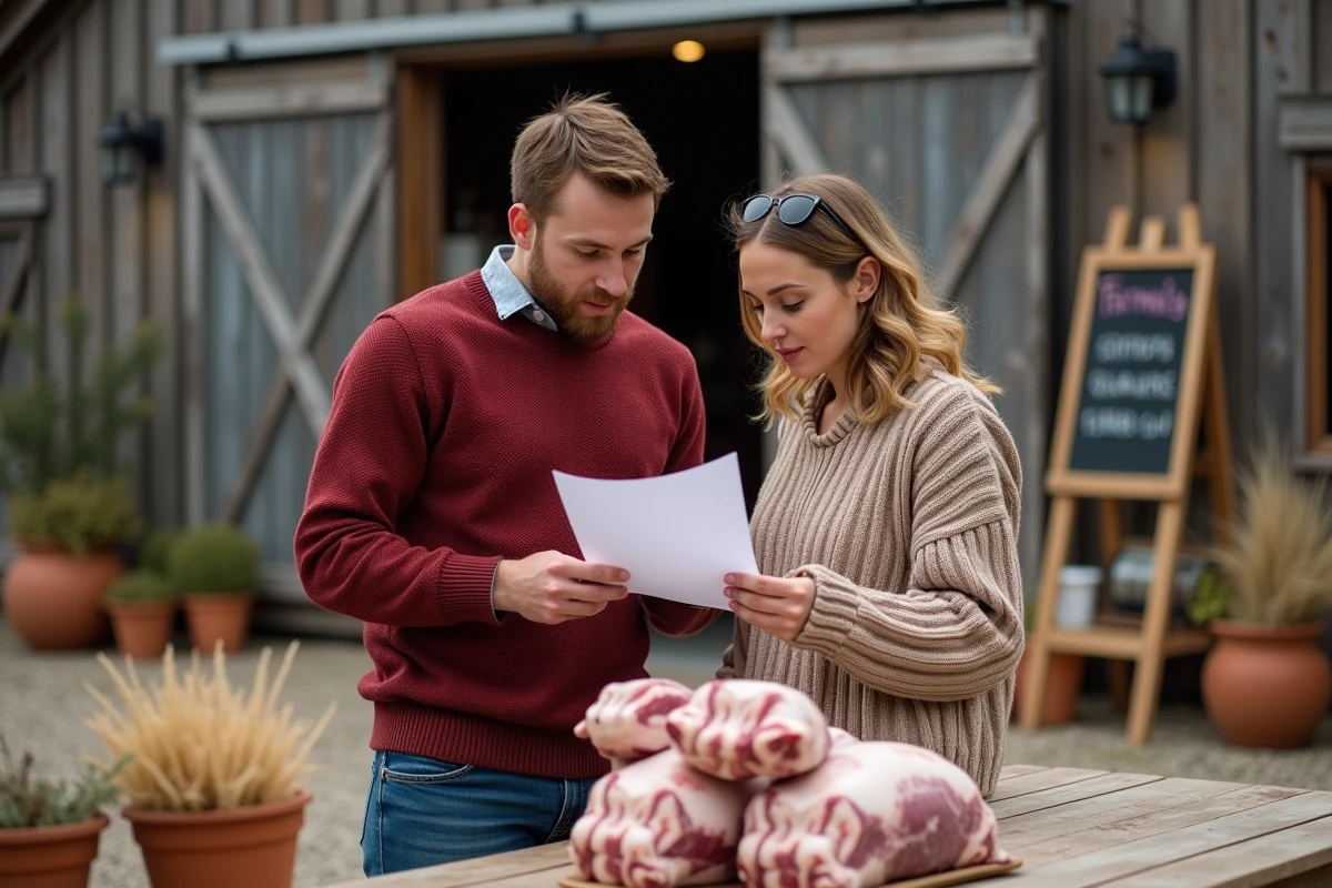 Couple achetant un mouton entier à la ferme en automne, démarche de consommation locale et responsable