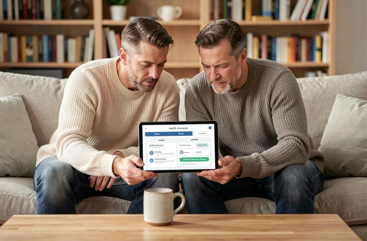 Couple comparant des offres de mutuelle santé sur une tablette dans leur salon