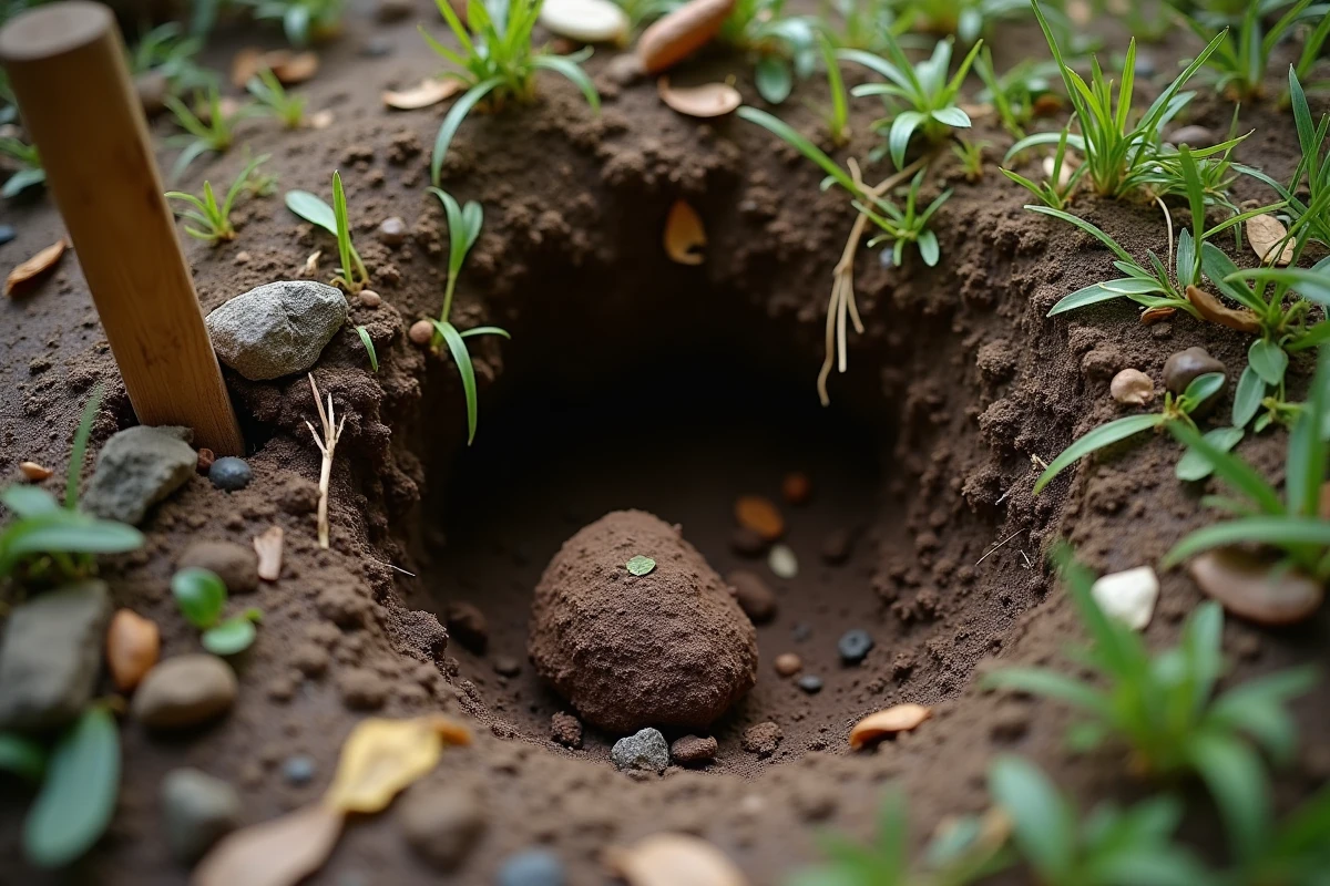 Crottes de blaireau dans une latrине forestière avec marqueur de terrain pour inventaire naturaliste