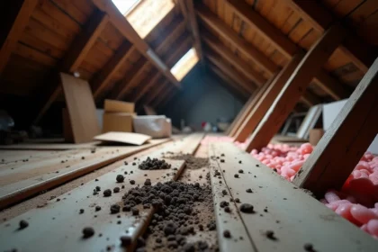 Crottes de fouine sur le plancher d'un grenier poussiéreux avec des poutres en bois et isolation