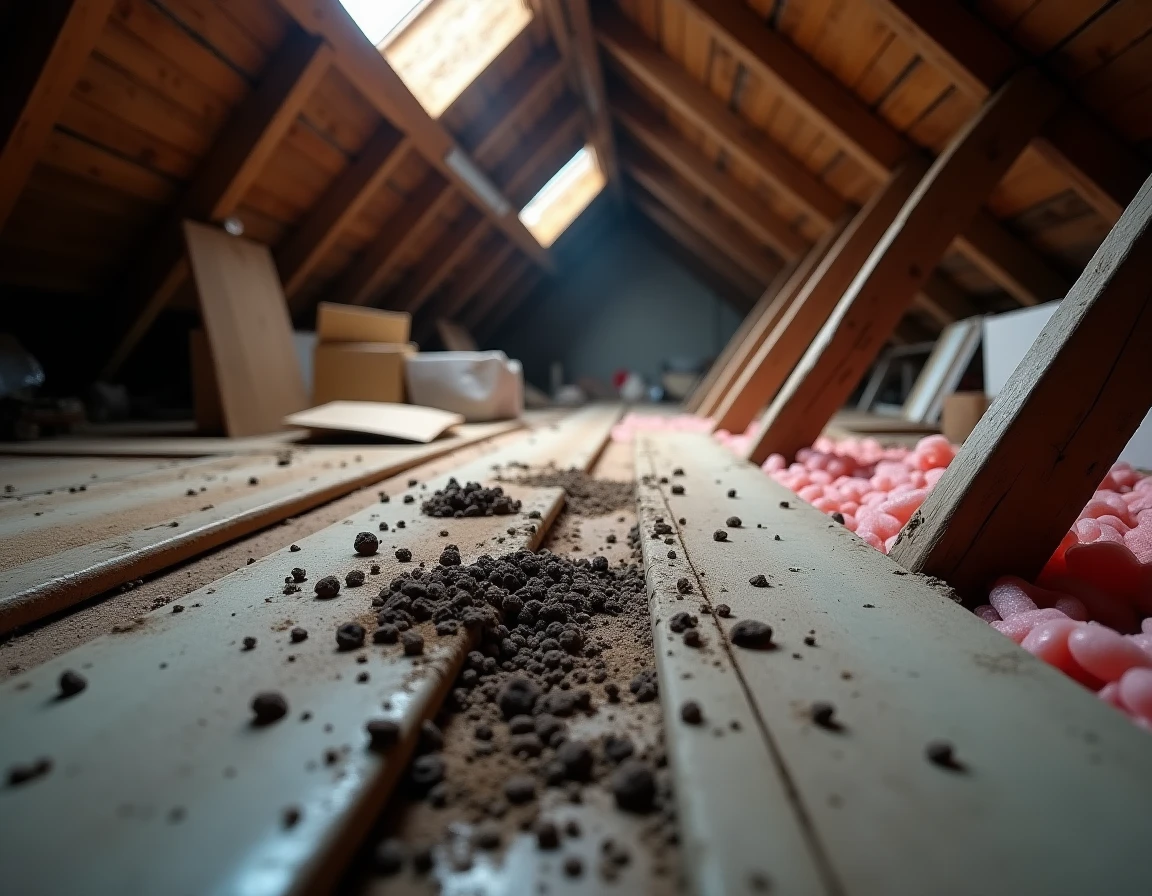 Crottes de fouine sur le plancher d'un grenier poussiéreux avec des poutres en bois et isolation