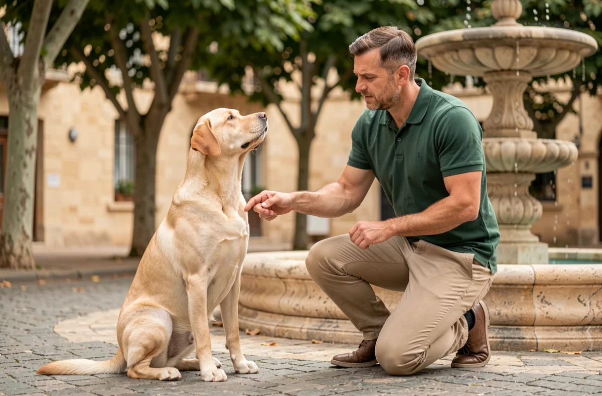 Éducateur canin Cynophilia travaillant avec un Labrador près d'une fontaine à Aix-en-Provence
