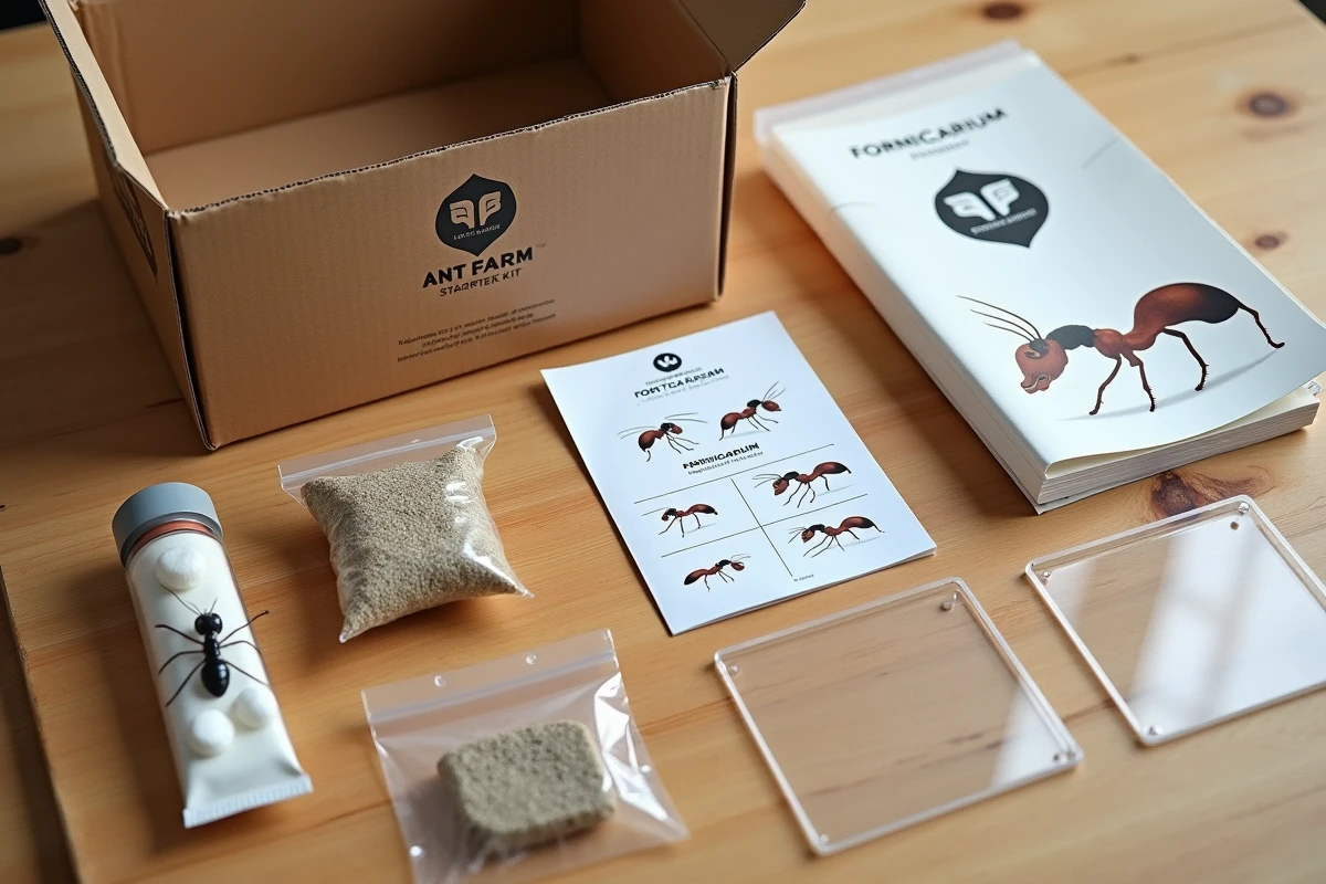 Déballage complet d'un kit fourmilière pédagogique avec tube de fourmis substrat panneaux acryliques et notice