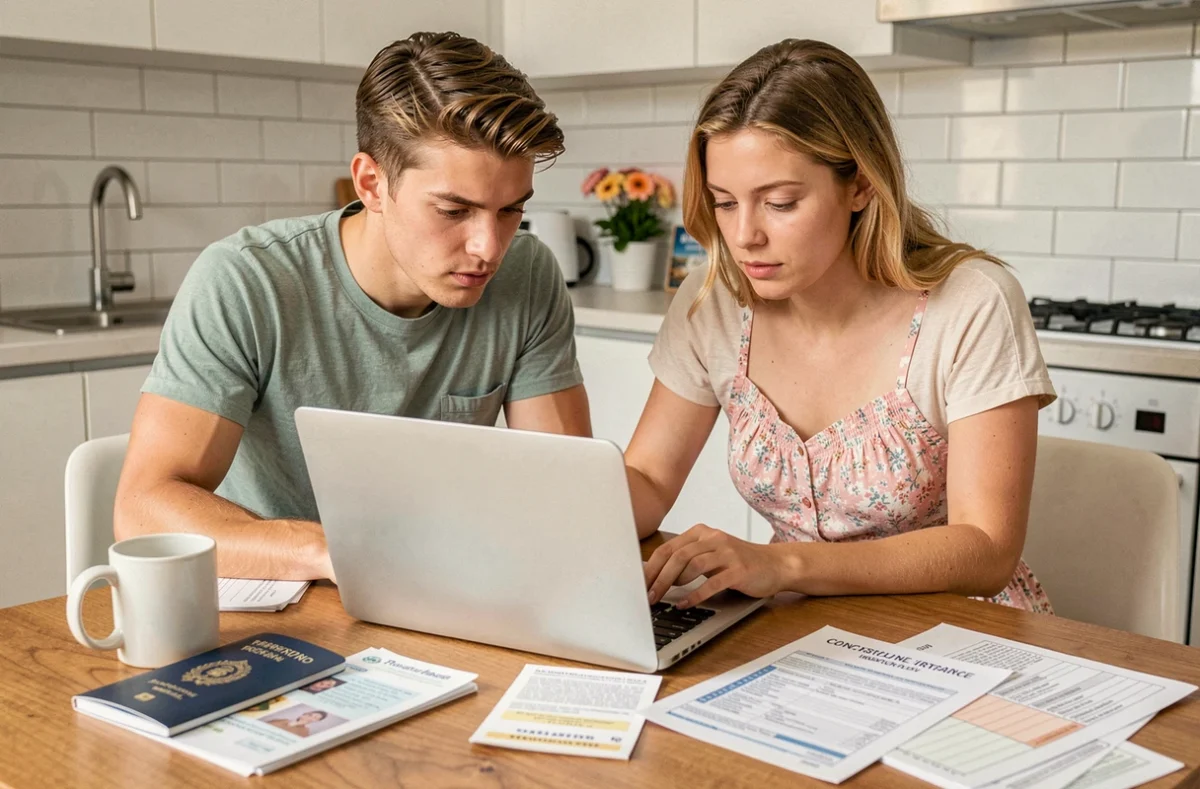 Couple remplissant une demande d'assurance voyage pour visa sur ordinateur portable