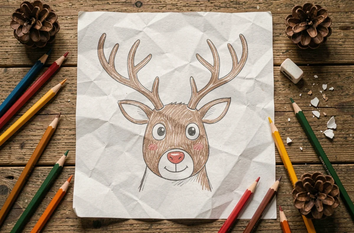 Vue de dessus d'un dessin de tête de renne fait à la main entouré de crayons de couleur sur une table en bois