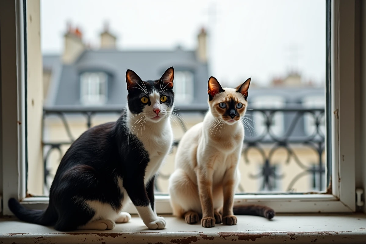 Deux chats domestiques assis sur le rebord d'une fenêtre dans un appartement parisien de style haussmannien