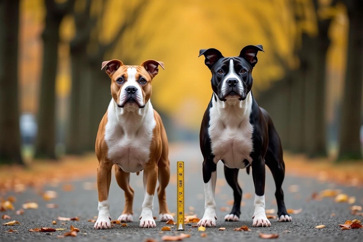 Deux Staffies de robes différentes debout sur un chemin de parc en automne avec un mètre ruban au sol, illustrant la morphologie trapue et la taille modeste de la race