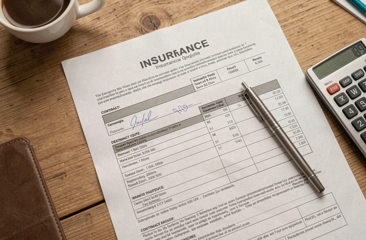 Document de devis d'assurance multirisque professionnelle posé sur un bureau avec stylo et calculatrice