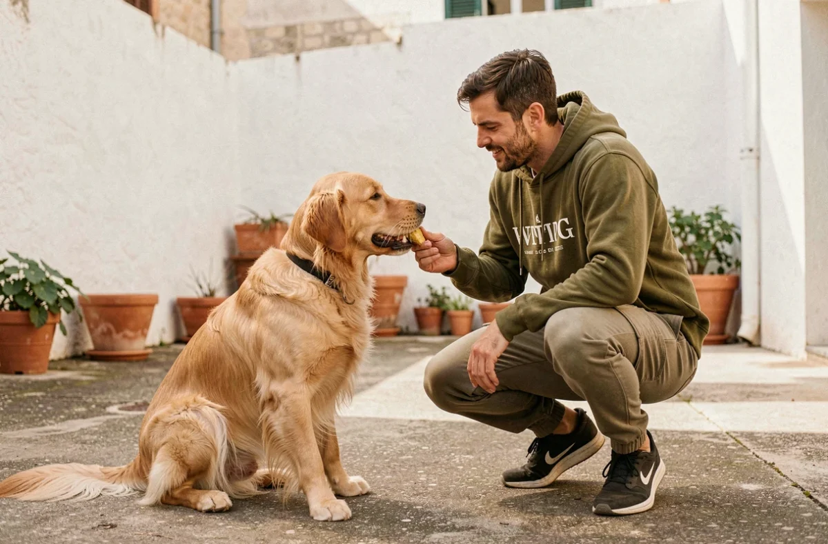 Éducateur canin Dodi-Dogs récompensant un Golden Retriever lors d'une séance d'obéissance à Marseille