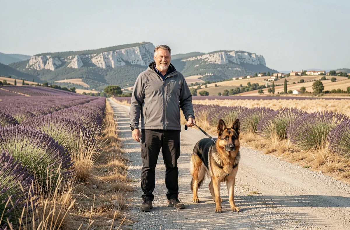 Éducateur canin Dog Control avec un Berger Allemand sur une route entre Aix-en-Provence et Marseille