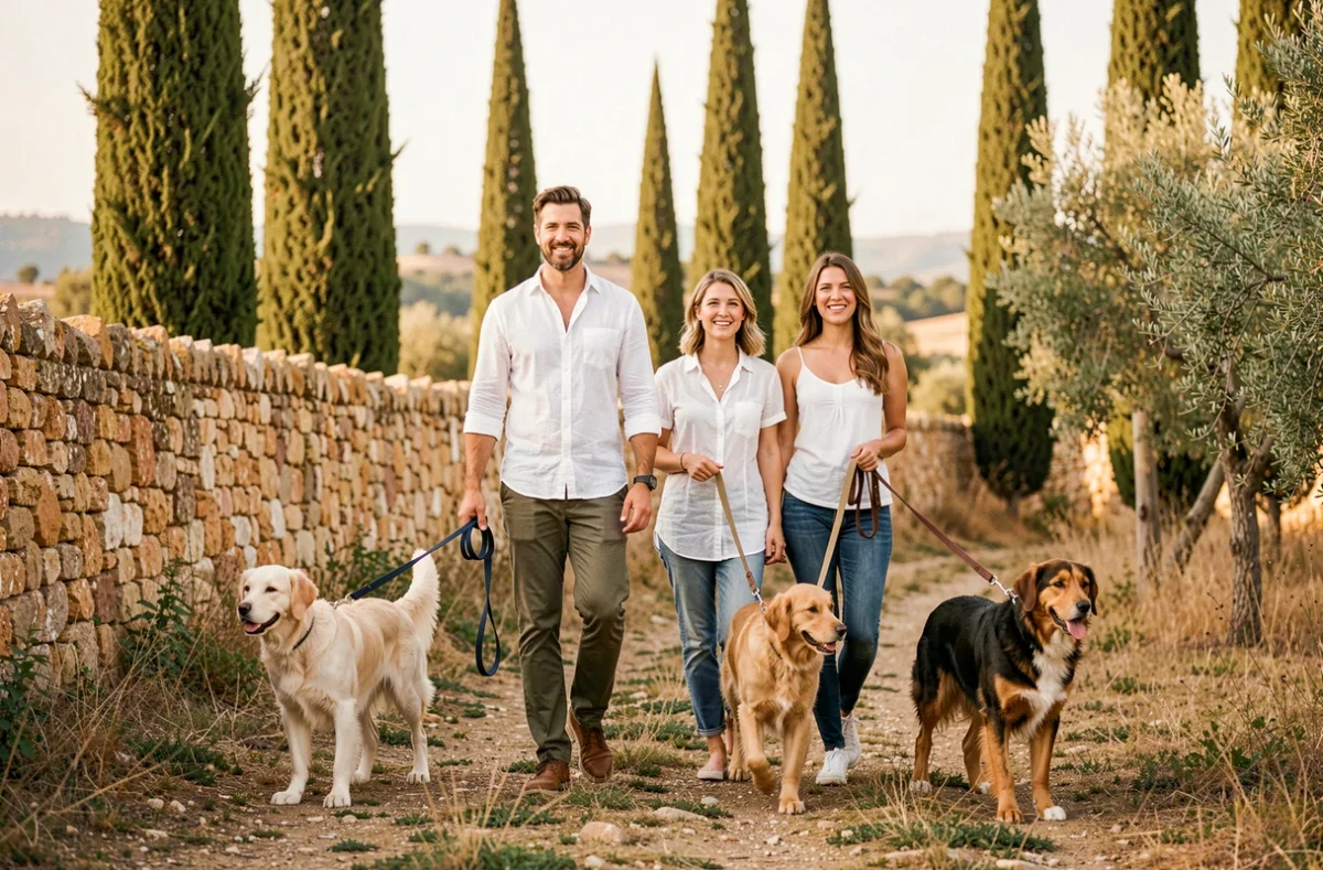 Éducateur canin Doggy Family accompagnant une famille avec plusieurs chiens dans la campagne près d'Aix-en-Provence