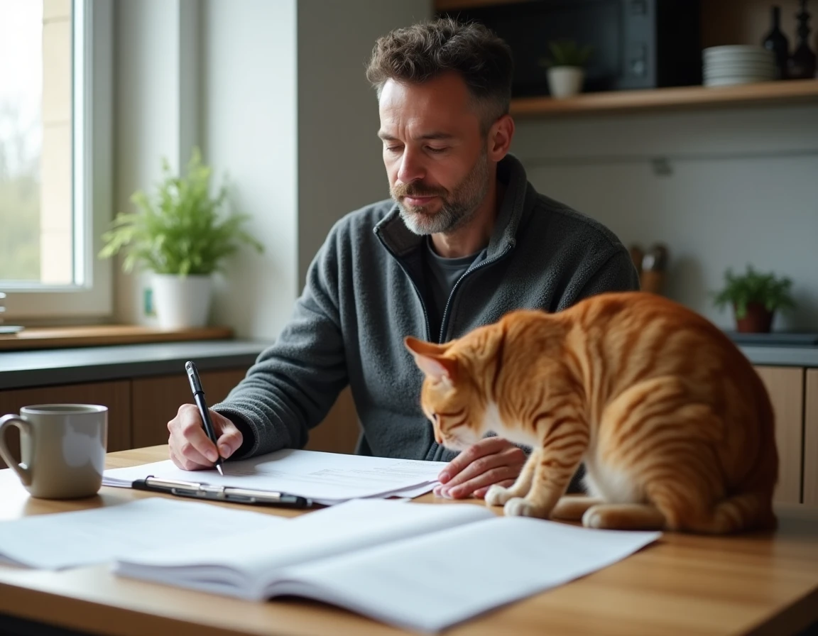 Homme remplissant les papiers d'adoption d'un chat dans une cuisine à Grenoble
