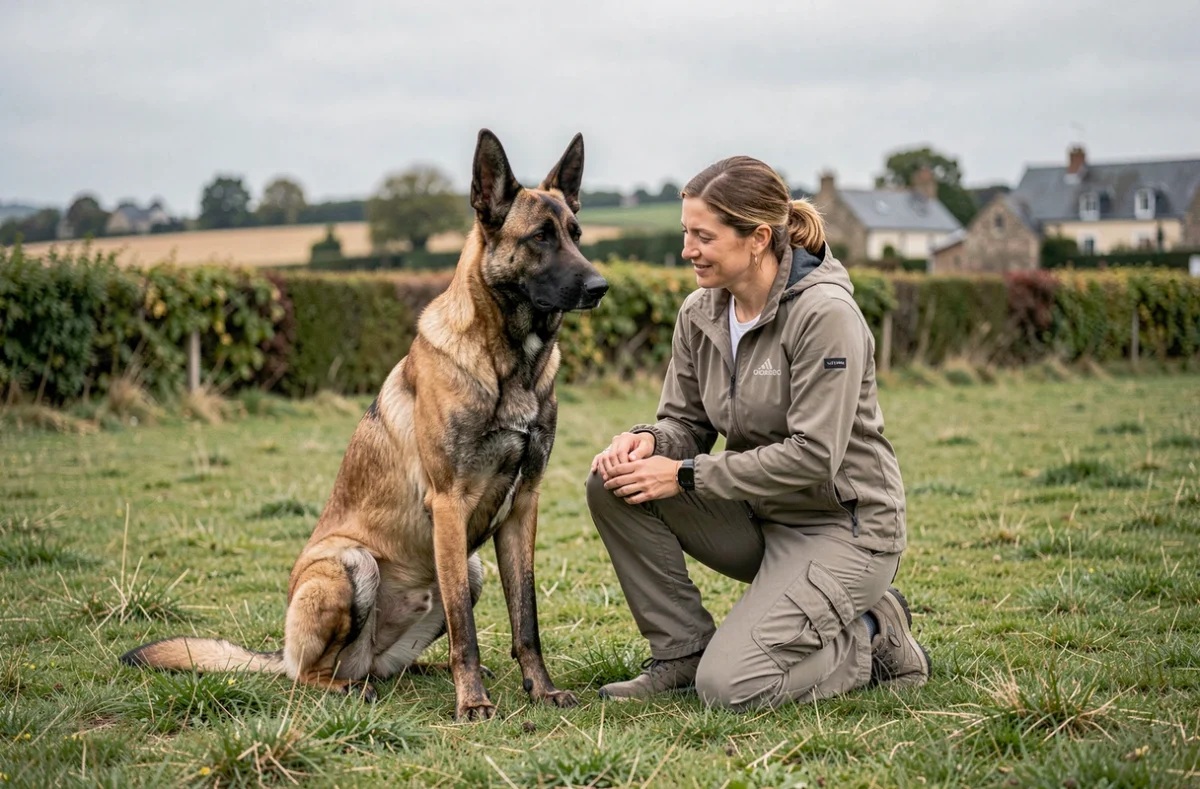 Dresseur de chien professionnel en Loire-Atlantique travaillant avec un Malinois dans un cadre champêtre