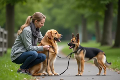 Dresseuse canine avec deux chiens dans un parc vert