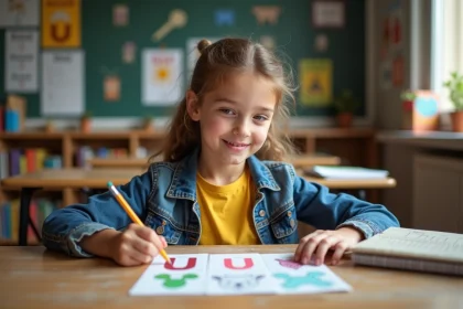 Jeune fille en classe avec cartes animales en U