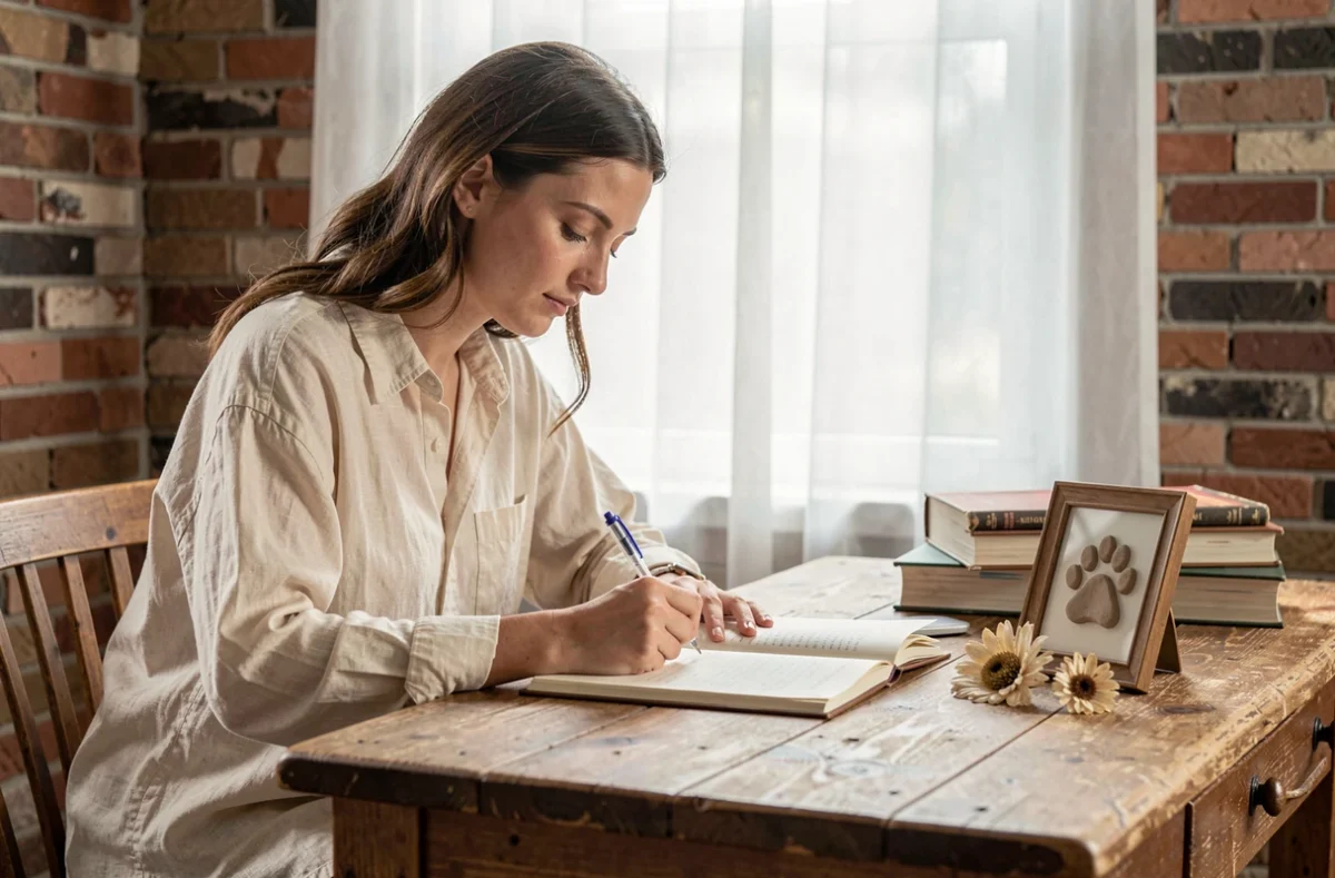 Jeune femme écrivant un hommage à son chien dans un journal posé sur un bureau en bois avec une empreinte de patte encadrée