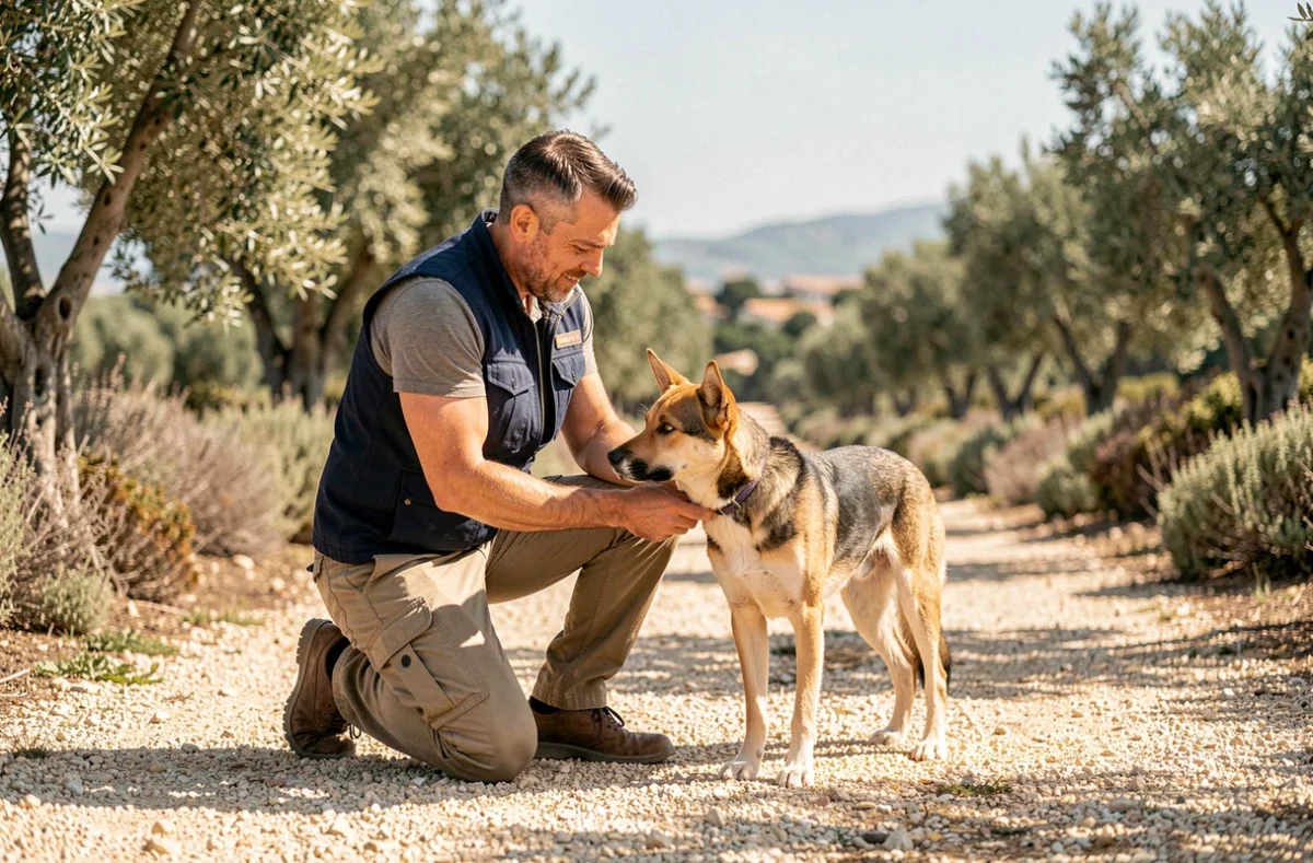 Éducateur canin professionnel travaillant avec un chien en plein air dans les Bouches-du-Rhône