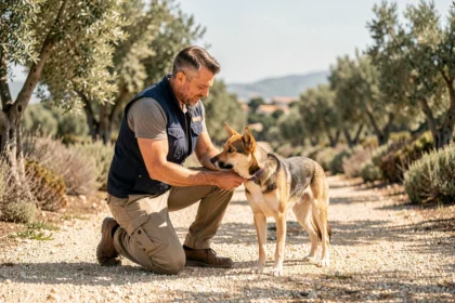 Éducateur canin professionnel travaillant avec un chien en plein air dans les Bouches-du-Rhône