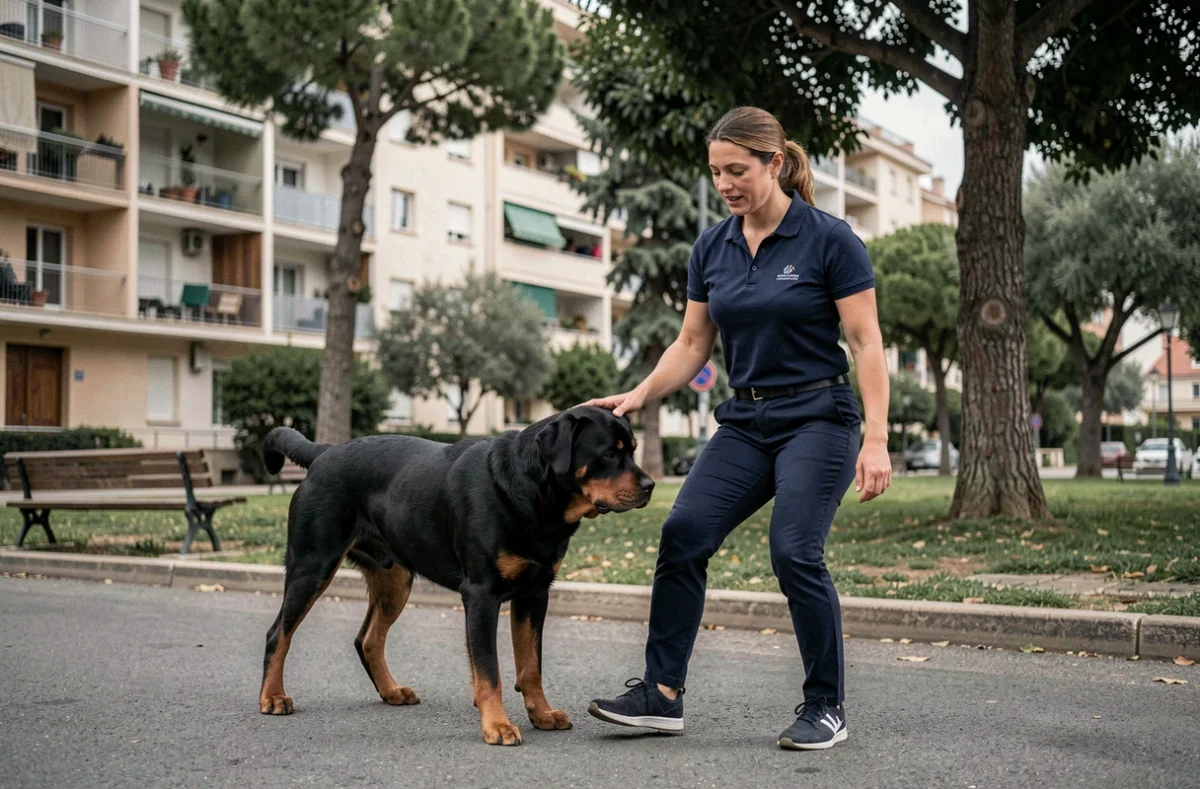 Éducatrice canine Educ'Med Dog guidant un Rottweiler dans un parc de Marseille Est