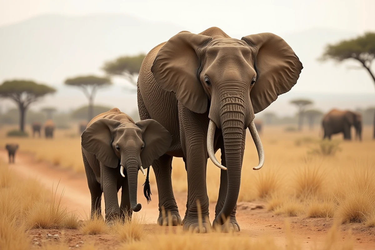 Eléphants africains dans la savane sèche et dorée