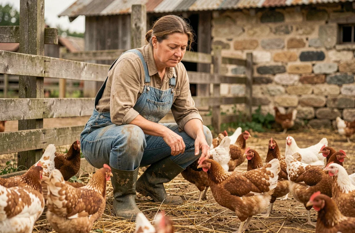 Éleveuse en salopette denim observant ses poules pondeuses dans un poulailler rustique en plein air