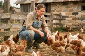 Éleveuse en salopette denim observant ses poules pondeuses dans un poulailler rustique en plein air