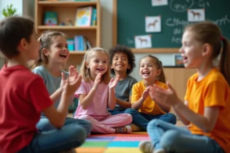 Groupe d'élèves du primaire chantant la chanson du cheval en cercle dans une salle de classe colorée