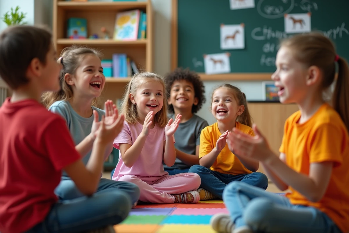 Groupe d'élèves du primaire chantant la chanson du cheval en cercle dans une salle de classe colorée