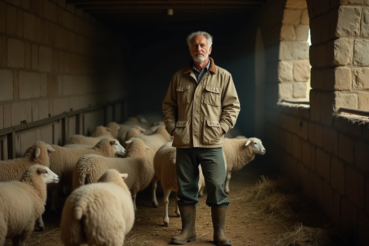 Éleveur de moutons dans une bergerie en pierre avec son troupeau, illustrant la vente directe à la ferme