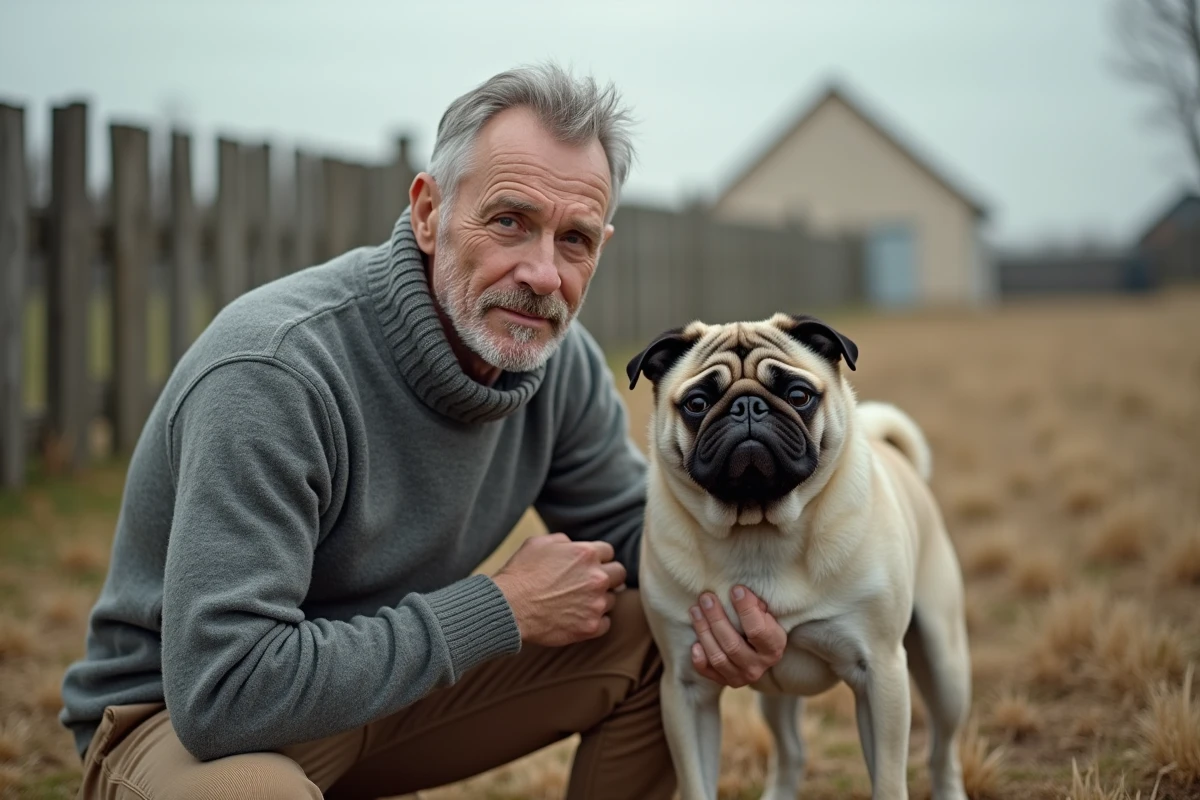 Éleveur canin avec un carlin aux traits extrêmes dans un chenil en plein air en automne