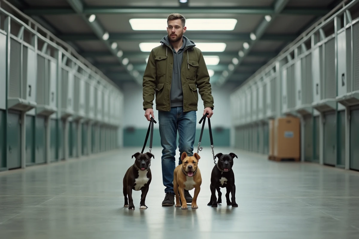 Jeune éleveur avec chiots Bully XXL en intérieur