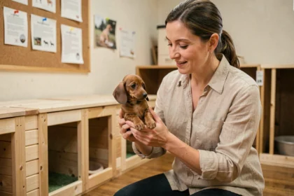 Éleveuse spécialisée teckel Kaninchen tenant un chiot dans un chenil professionnel bien organisé
