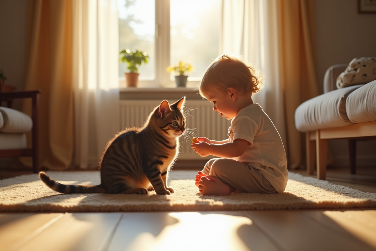 Enfant donnant une friandise à un chat tigré dans un salon calme